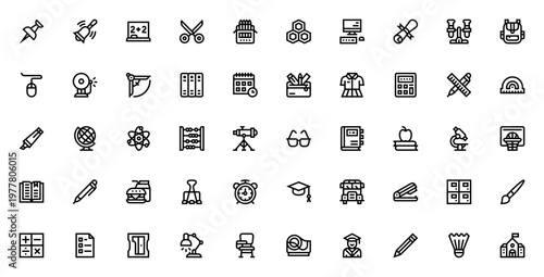 Back to school icon set. Vector illustration pack. Includes push pin, bell, blackboard, scissors, crayon, computer, diploma, backpack, globe, apple, book and more. Editable stroke.