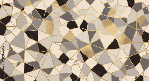 Abstract geometric mosaic pattern with gold lines and a palette of neutral tones.