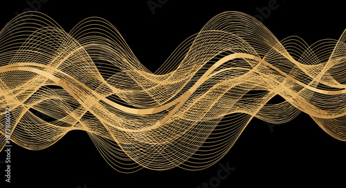 Abstract golden wavy lines shimmering on a dark background, creating a dynamic and elegant visual effect.