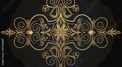 Elegant golden symmetrical ornamental design with intricate swirling patterns and a central star motif on a dark background, evoking luxury and classic artistry.
