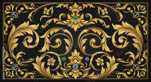 Luxurious golden scrollwork and acanthus leaf pattern with embedded green and blue gemstones on a dark background, creating an elegant decorative border.