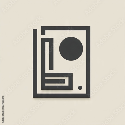 Abstract geometric composition with dark grey lines and circles on a light beige background, symbolizing modern minimalist design principles and artistic expression