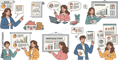 Mortgage Loan Process Illustration Set with Financial Advisors Charts Home Buying Investment Analysis and Banking Presentation Scenes