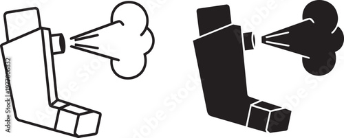 A black and white illustration depicts two inhalers releasing a puff of medication representing respiratory care and treatment high quality professional detailed modern elegant stylish clean