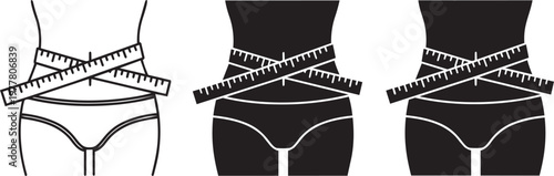 A graphic illustration depicts three female figures with varying waist sizes each measured with a tape high quality professional detailed modern elegant stylish clean crisp vibrant