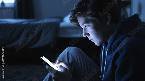 Young boy engrossed in smartphone at night, blue light illuminating face