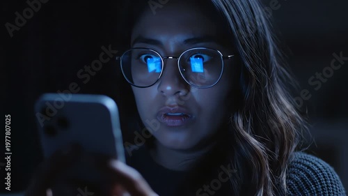 Young woman wearing glasses looking at smartphone screen in dark room, concerned expression