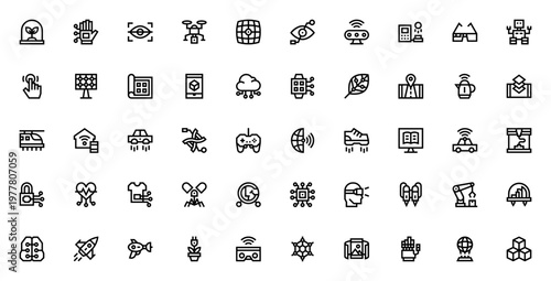 Technology of the Future icon set. Futuristic vector symbols including drone, robot, hologram, flying car, AI, VR, renewable energy and more. Editable line icons.