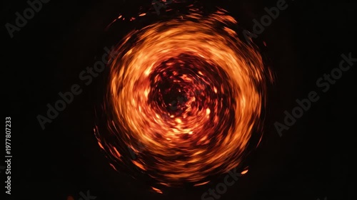 Abstract Fiery Vortex Swirl with Glowing Sparks on Black Background