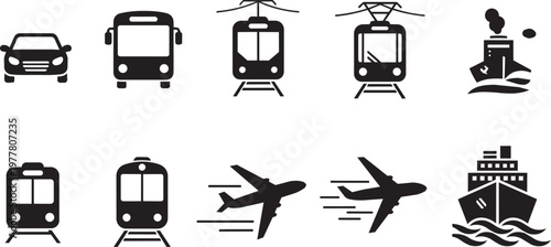 A collection of black silhouette icons depicting various modes of transportation including cars trains planes and ships high quality professional detailed modern elegant stylish clean crisp