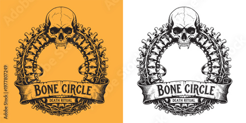 Gothic Bone Circle Death Ritual Frame with Human Vampire Skull