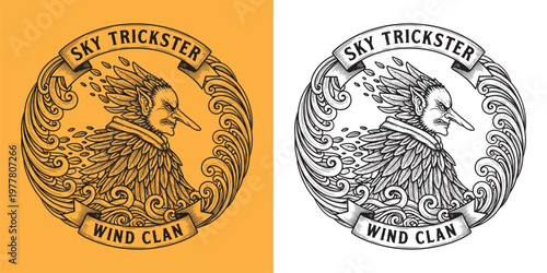 Sky Trickster Wind Clan Tengu Spirit with Long Nose and Feathers