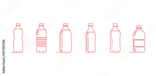 Group of plastic and PET bottle icons with assorted designs, vector style.