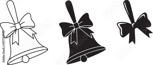 A simple black and white illustration displays three differently sized christmas bells adorned with decorative bows creating a festive scene high quality professional detailed modern elegant