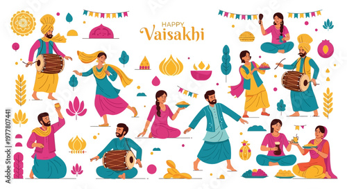 Cheerful vector illustrations showcase the vibrant Vaisakhi celebration, depicting people in traditional Punjabi dress dancing and playing instruments, conveying a joyful and festive