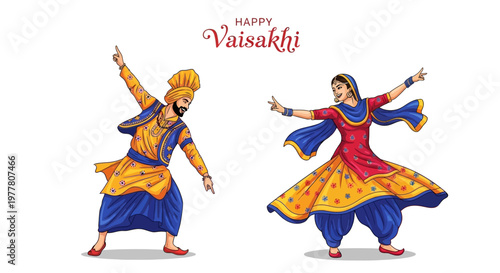 Illustrated vector art showcases a Vaisakhi celebration with a man and woman in traditional Punjabi dress performing Bhangra dance against a clean white background, embodying the joyful