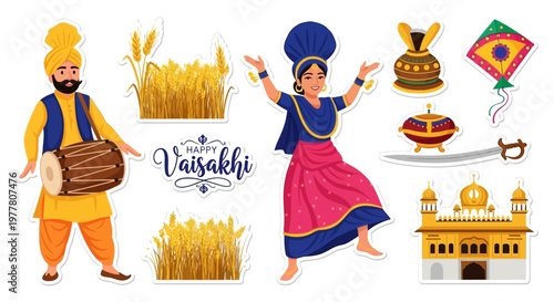 Vaisakhi festival illustrations showcase a vibrant punjabi celebration, featuring a man playing a dhol drum, a dancing woman, and golden temple, all in a colorful vector design