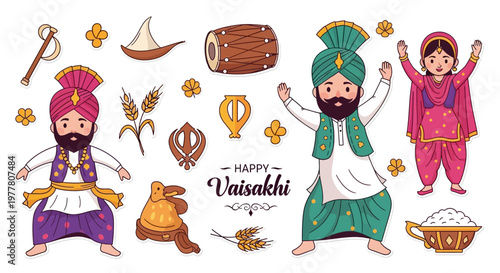 Vaisakhi celebration vector illustrations showcase festive Punjabi culture with traditional elements like bhangra dancers, the Khanda symbol, and a dhol drum against a clean white