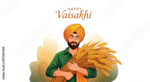 Happy Vaisakhi illustration featuring a Sikh farmer in traditional dress holding harvested wheat, set against a clean white background with a festive, joyful mood, celebrating the spring