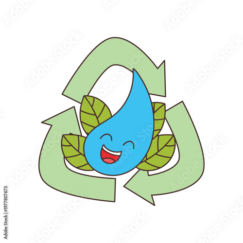 A friendly water drop mascot with a green recycle symbol on top of the globe. Flat vector illustration for water conservation, global sustainability, and earth day message.