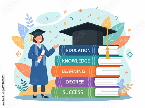 Graduation Education Concept Illustration with Books and Student Character