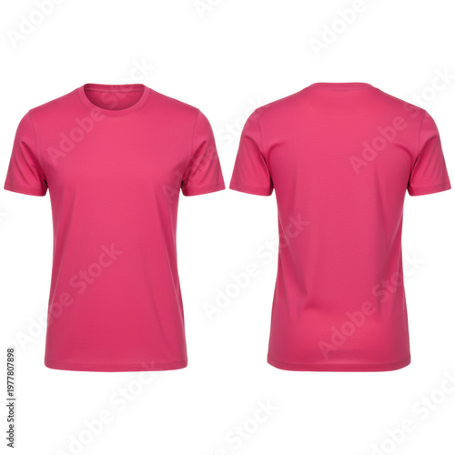 Front and back views of a pink cotton tshirt with a ghost mannequin effect on a solid white background. Concept of minimalist fashion apparel