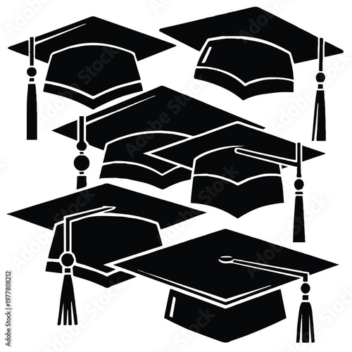 Graduation caps and tassels in various orientations