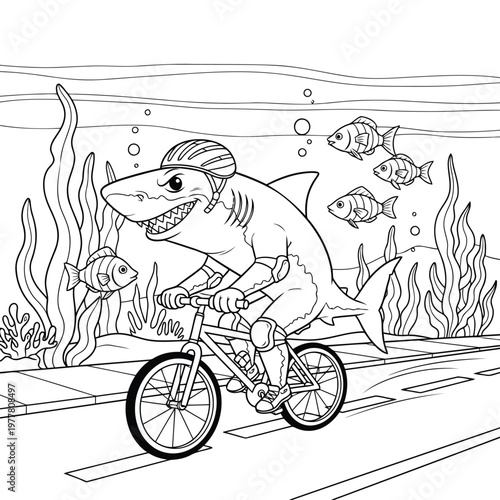 Athletic shark riding bicycle underwater with sea life and ocean plants coloring book illustration.