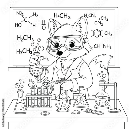 Cute fox scientist with lab equipment and chemical formulas on blackboard.