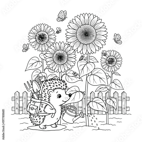 Hedgehog gardener watering sunflowers.