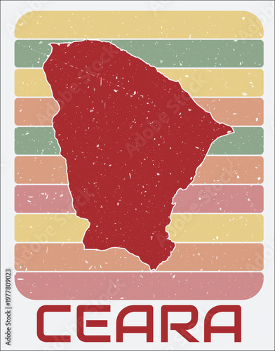Ceara, Brazil vintage logo. Shape of the state on retro colored stripes background. Ceara, Brazil map design with grunge scratch texture. Vector illustration.