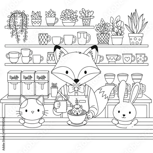 Cute cartoon fox barista serving coffee to cat and bunny in cafe decorated with plants and mugs.