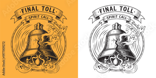 Vintage Engraved Cracked Church Bell with Floating Ghosts and Spirit Call Ribbon