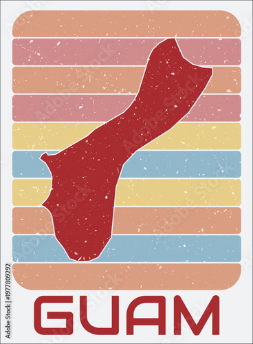 Guam vintage logo. Shape of the country on retro colored stripes background. Guam map design with grunge scratch texture. Vector illustration.