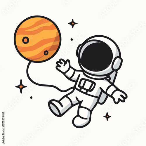 A cartoon astronaut floating in space with a planet on a tether