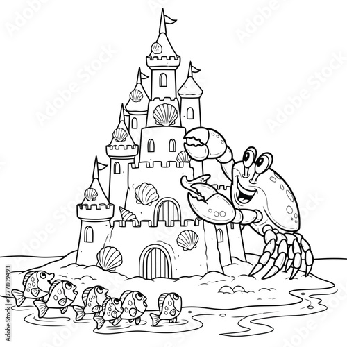 Happy crab building sandcastle on beach with fish swimming in water and seashells.