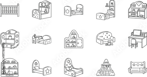 Kids bedroom furniture and nursery line icons set with bed crib shelf toys desk and children interior design concepts