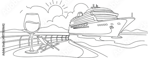 Luxury cruise ship vacation line illustration with seaside lounge chair wine glass sunset ocean travel and holiday relaxation concept