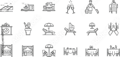 Luxury hotel and resort service line icons set with room dining relaxation housekeeping and hospitality experience concepts