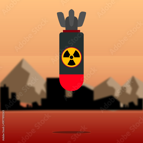 Nuclear bomb falling over a destroyed city silhouette, atomic war concept with radiation symbol, flat vector illustration of world conflict and apocalyptic disaster.