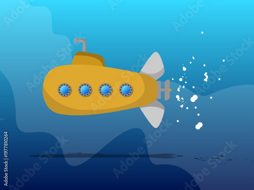 Yellow submarine diving underwater with air bubbles, periscope and windows, flat vector illustration of undersea exploration in deep blue ocean background.