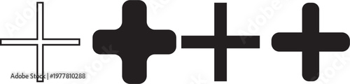 Four different plus sign symbols in various designs and colors
