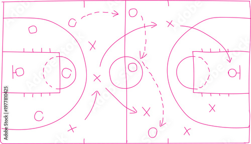 Detailed basketball court diagram featuring strategic player movement paths and team formation symbols drawn in purple ink on a clean white background to help coaches teach effective offensive plays a
