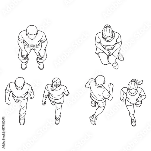CAD Human Figure Outline Set – Men and Women Top View Silhouettes Sitting, Walking, Running Vector Collection