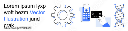 Technology, innovation, payment systems, genetics, scientific research, and data analysis. Gear icon, DNA strand credit card terminal and abstract text. Technology and innovation concept