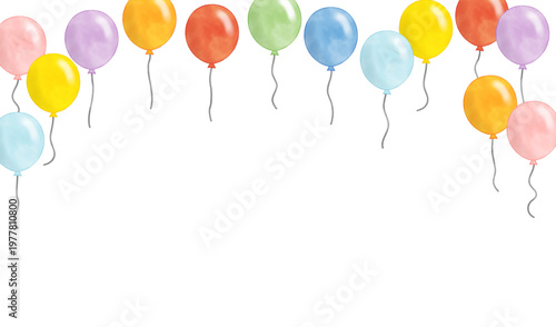 水彩風 風船が上部に並ぶフレーム 下部に余白のあるお祝いデザイン　ベクター