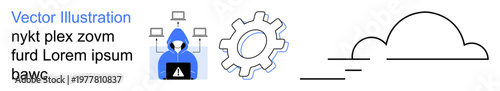 Cybersecurity, data privacy, online threats, cloud computing, system functioning, innovation. Icon showing hacker, gear and cloud. Cybersecurity and data privacy concept