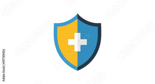 A blue and yellow shield with a white cross symbolizing protection, safety, and medical care