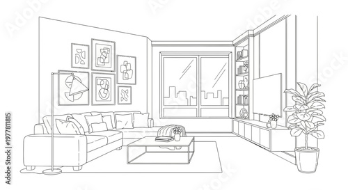 Modern living room sketch with large window and city view, sectional sofa, coffee table