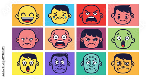 Diverse Emotions Faces Set: Joy, Sadness, Anger, Fear, Surprise, Boredom, Stress